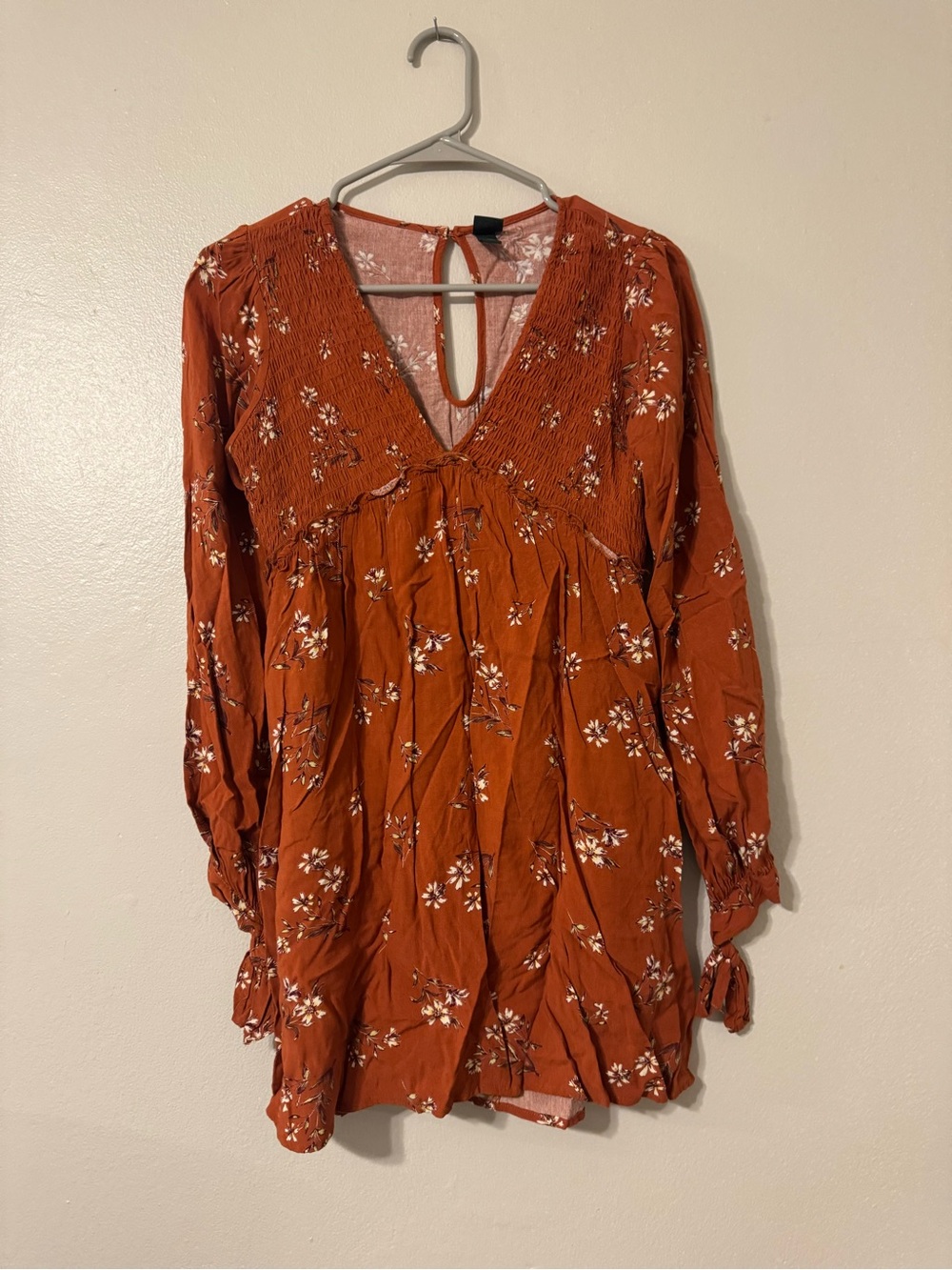 wild fable Rust Floral Smocked V-Neck Long Sleeve Dress